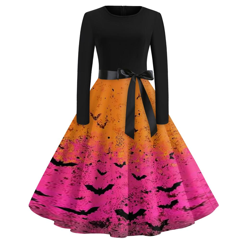 Women's Casual Vintage Halloween Print Dress Long Sleeve Round Neck Retro Style Fit and Flare Midi Dress with Waist Tie