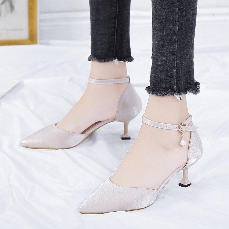 

New light buckle rhinestone thin heel one-word buckle satin pointed sandals high heel light mouth 39