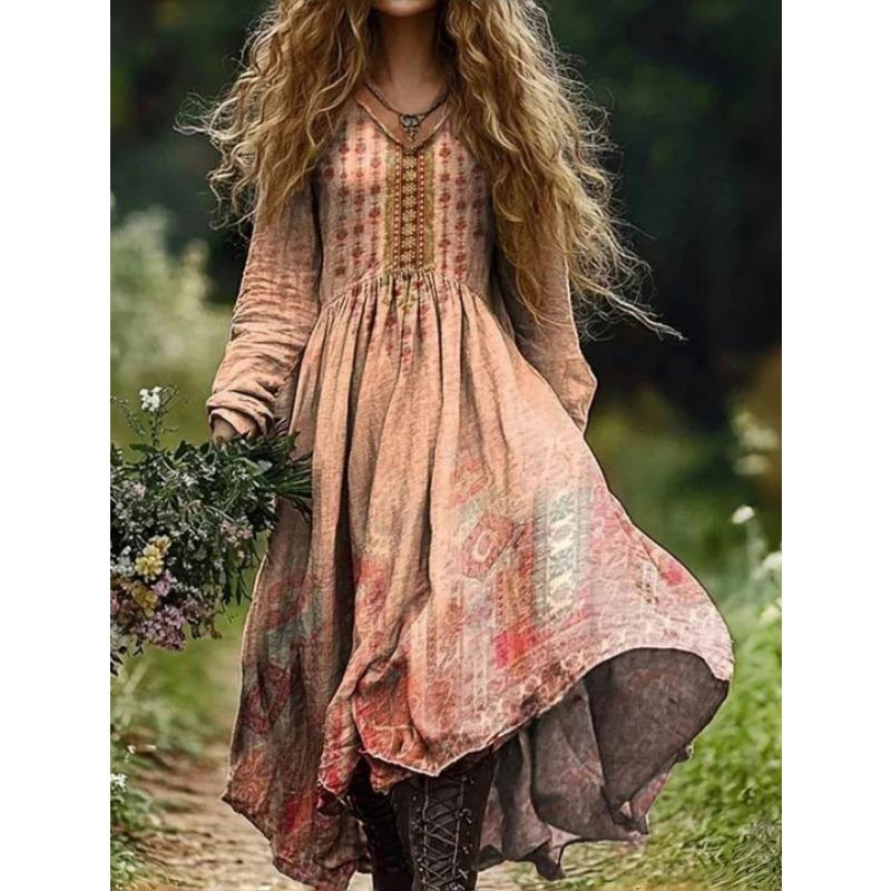 

DAFIFY Женская мода Весна Осень Цветочный принт Длинный рукав V-образный вырез Свободная талия Повседневные платья XL