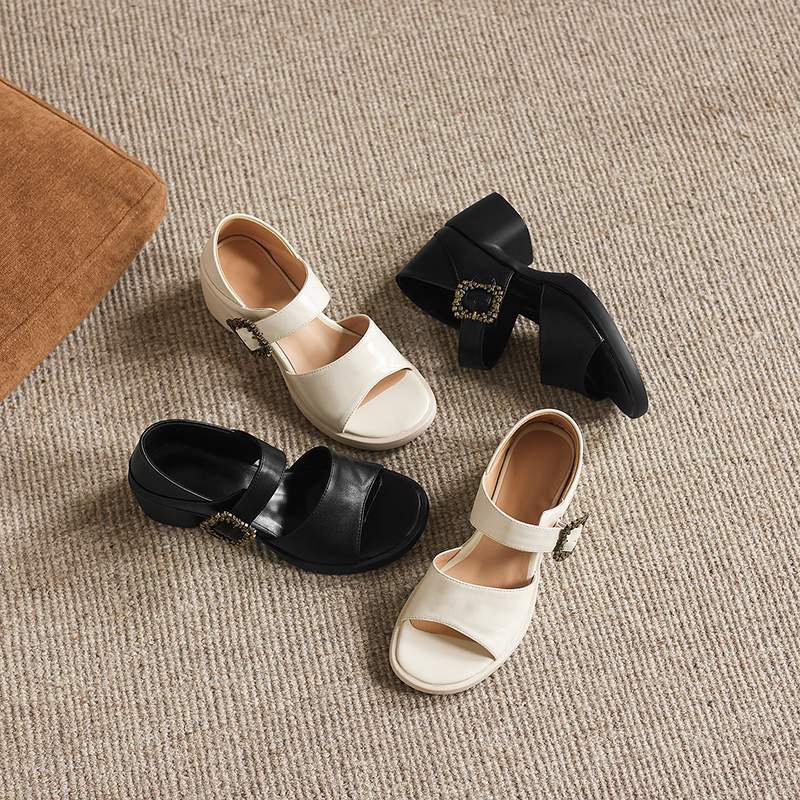 Krazing Pot Microfiber Fashion Thick Med Heels Peep Toe Shoes Metal Buckle Summer Size 43 Size 42 Platform Women Sandals