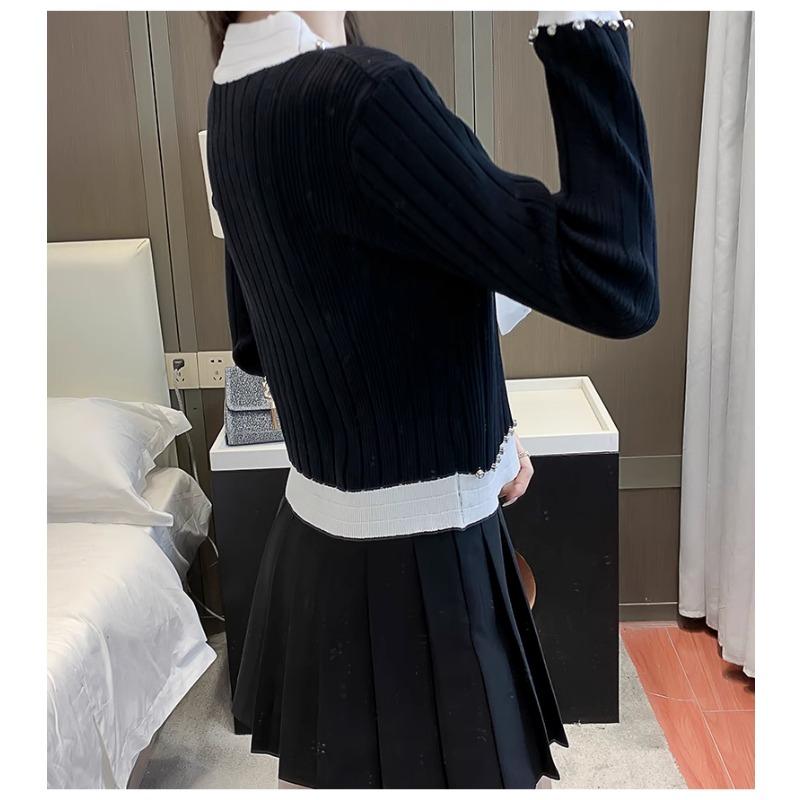 Spring Autumn Women Full Sleeve V-neck Luxury Diamond Beading Bowtie Knitted Sweater Single Breasted Cardigans Tops