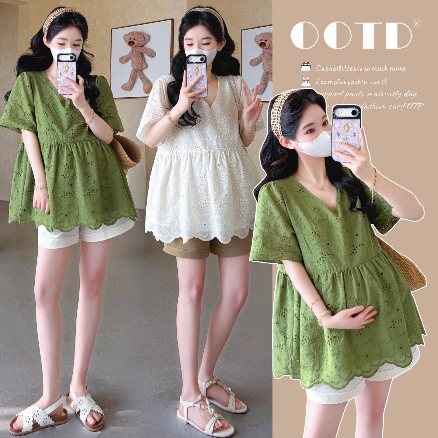 Korean Style Summer Maternity Two-Piece Set: V-Neck Embroidered Doll Shirt + Support Shorts XL