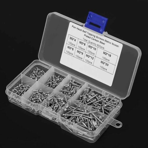 Machine Screw Kit, M2 Self-Tapping Screw Set, 800-Piece Screw and Nut Kit, M2 Cross Drive Flat Head Self-Tapping Screws, Woodworking Fastener Box Incl