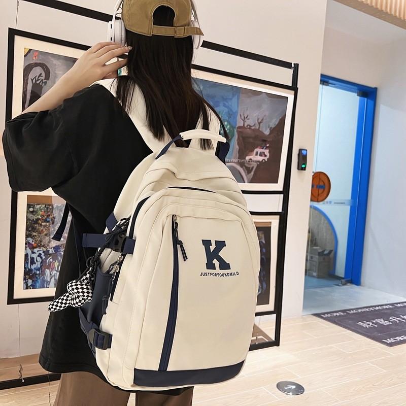 Blocked Color Simple Letter Print Student Backpack For School And Daily Use