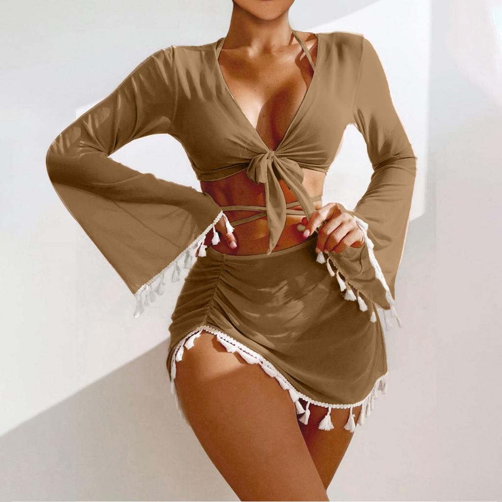 Women's Color Swimsuit Women's Split Thin Strap High Waist Swimsuit Cover-up Four-Piece Set