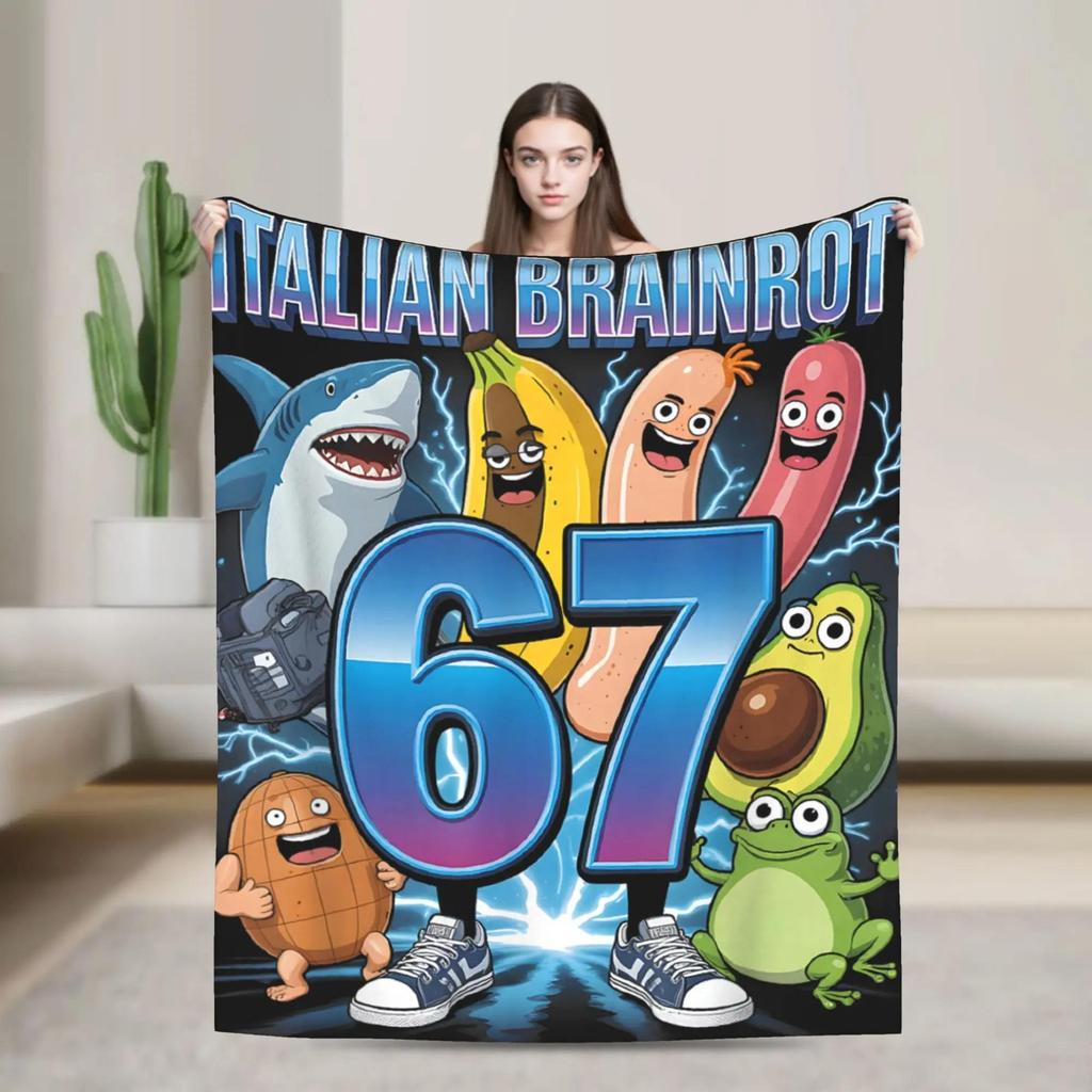 Six Seven Brainrot Meme Blanket Funny Italian Camping Throw Blanket in Flannel for Sofa Bed Bedroom
