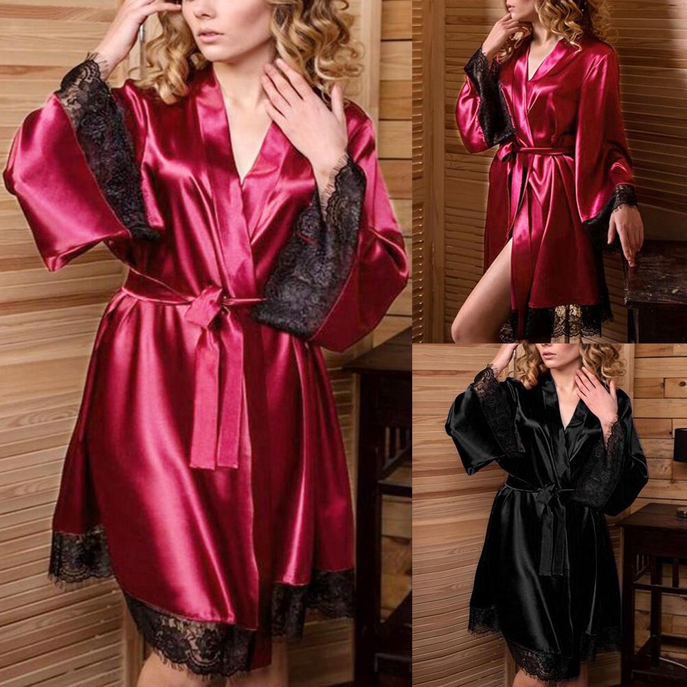 Women Sexy Silk Kimono Dressing Gown Bath Robe Babydoll Sxey Lingerie Set Nightdress
