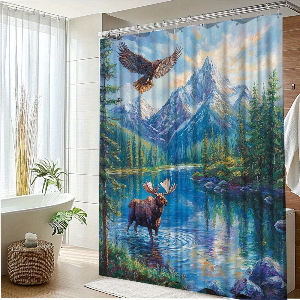 1Pc Mountain Landscape Shower Curtain With Moose & Eagle Design - Vibrant Nature Scene Polyester Fabric, 70.8X70.8 Inch Bathroom