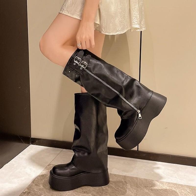 Black Thick-soled Heightening Medium-length Boots for Women's Spring and Autumn 2025 New Fashionable Versatile Muffin Stacking Boots Medium Tube