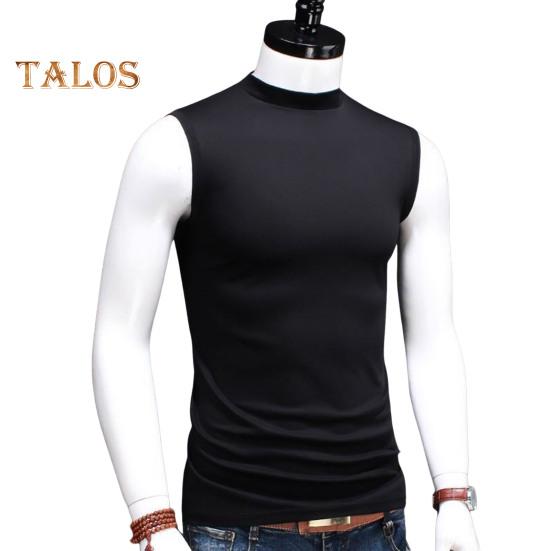 

Мужские топы-майки с высоким воротником без рукавов, облегающие эластичные топы, однотонные, с широкими бретелями, футболка из ледяного шелка L чёрный