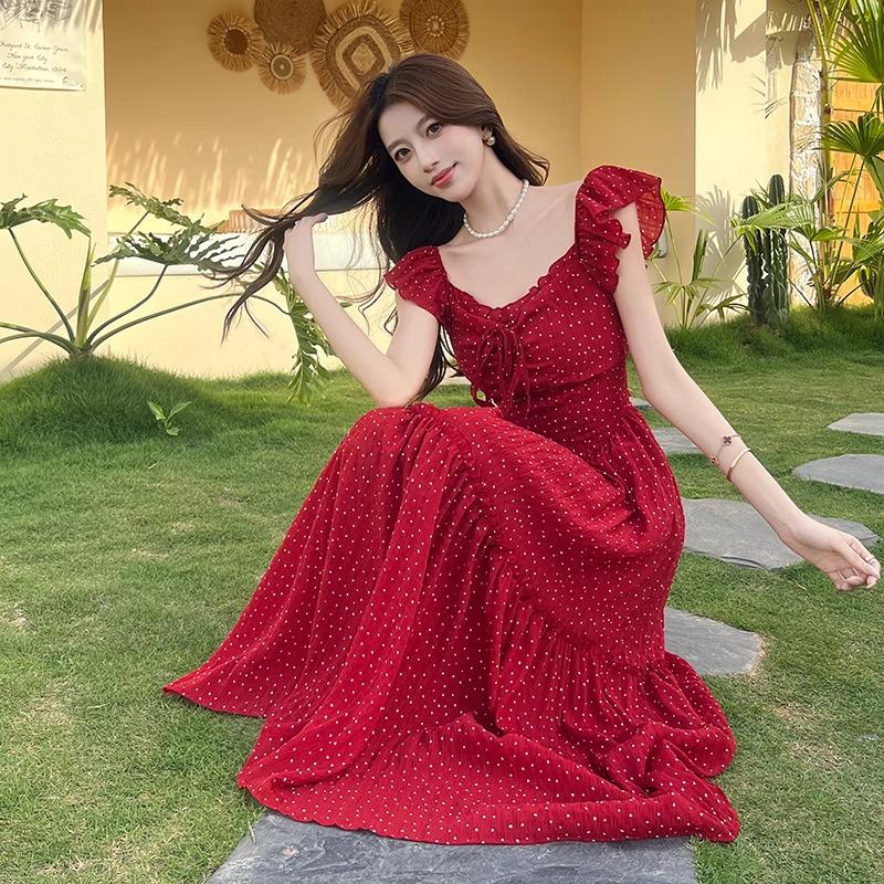 French Retro Red Polka Dot Slimming Summer Dress for Women - Waist-Cinched, Resort Style, Long Design