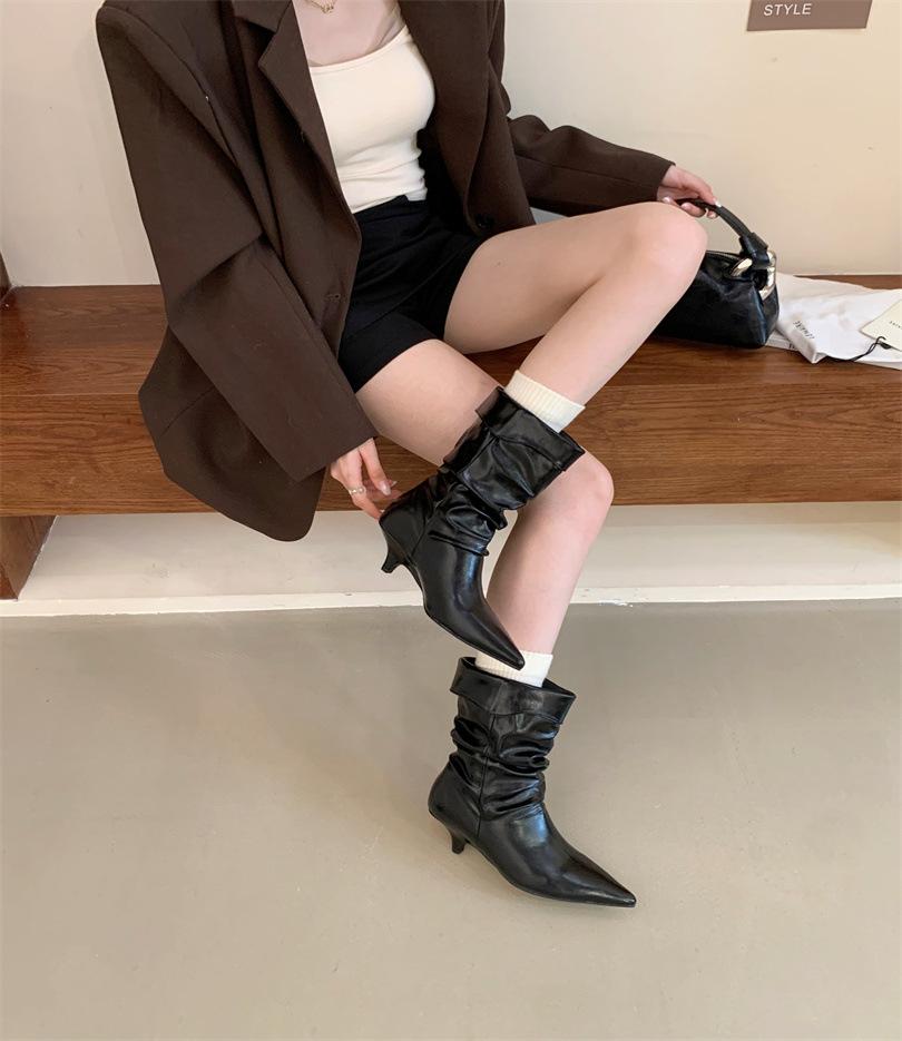 Suede pleated piled boots women's 2025 autumn and winter new pointed western cowboy boots lapel mid boots women