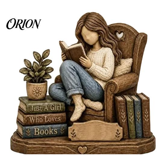 Detailed Wooden Craftsmanship 2D Flat Reading Girl Figurine with Stacked Book Design for Lovers, Small Ornament Bedside Table Decorative Tabletop