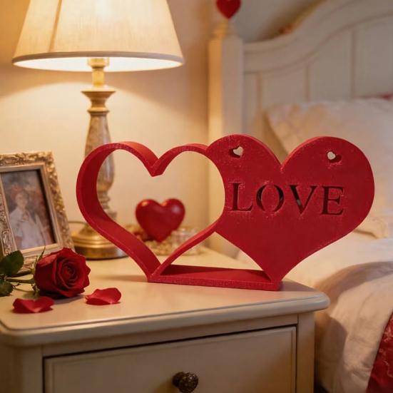 Valentine's Day Heart Decoration 3D Printed Romantic Heart-to-Heart Statue Red Love Heart Tiered Tray Table Sign for Anniversary Wedding Gifts