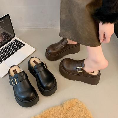 Sapatos Femininos com Solado Grosso, Aumento de Altura, Meia-chinelo com Lã e Meia-chinelo Preguiçoso