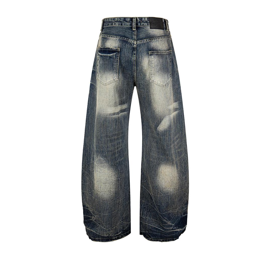 European and American scimitar pants retro washed jeans personalized bamboo pattern loose wide-leg pants men