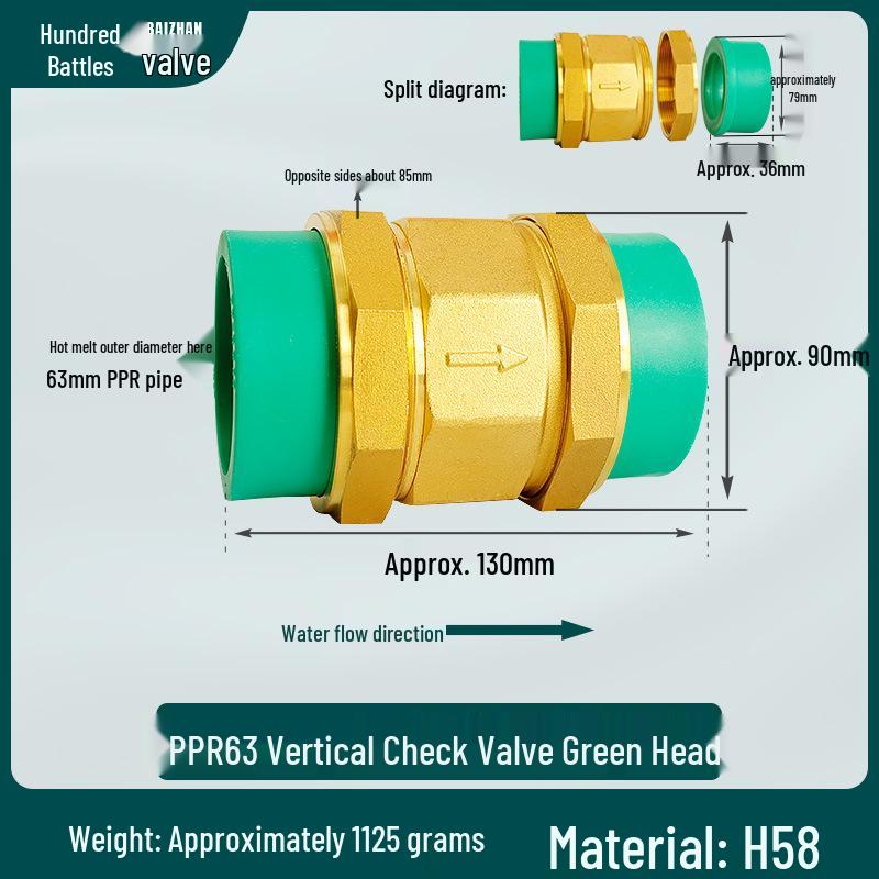 6/4 PPR Hot Melt Full Copper Check Valve, Horizontal/Vertical, 1-Inch Double Union, One-Way Tap Water Pipe Valve.