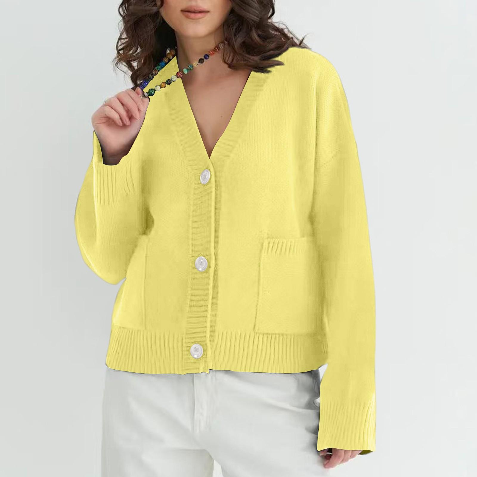 

Женский однотонный кардиган крупной вязки с V-образным вырезом и карманами, куртка-свитер S жёлтый