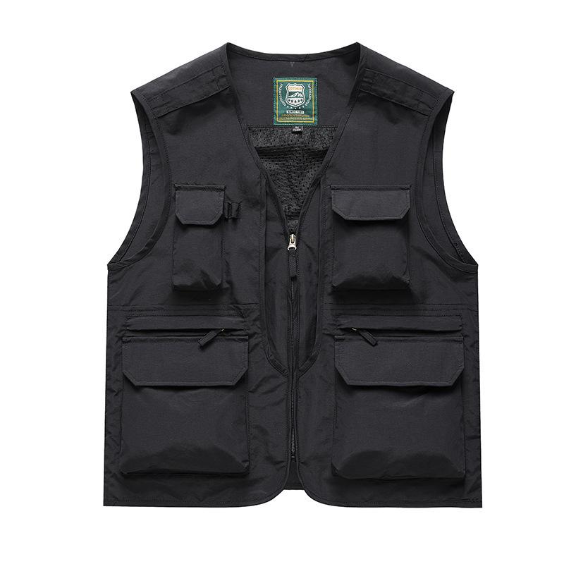 Four Seasons Middle-aged and Elderly Men's Vest Thin Sleeveless Stand-Up Collar Multi-Pocket Quick-Drying Vest Large Size Vest