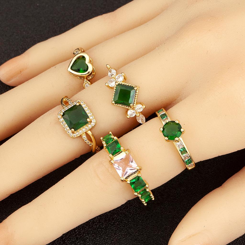 Nidin New Fashion Round/Heart/Square Shape Charm Open Rings For Female Green Crystal Zircon Adjustable Fine Finger Jewelry Gift