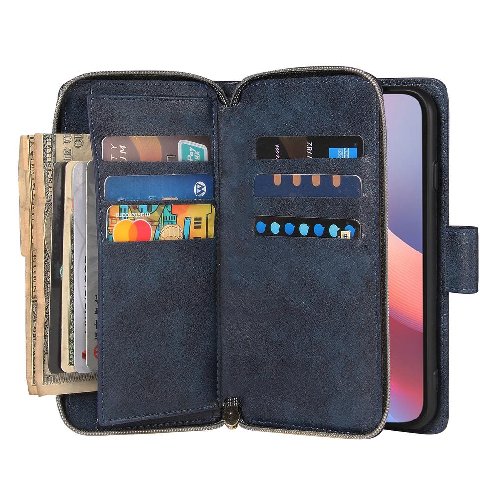 For iPhone 16e Case Zipper Pocket PU Leather Phone Cover with Hand Strap