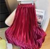 Women's Solid Color Satin Pleated Midi Skirt with High Waist and Flared Hem