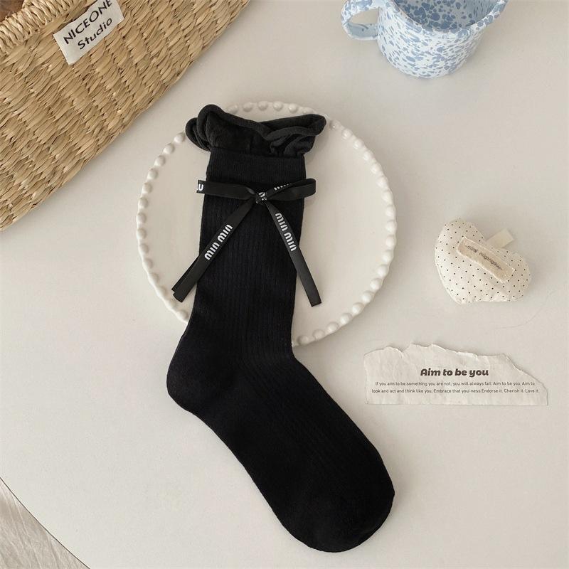 

Женские весенне-летние тонкие милые носки-гольфы с бантом и дышащей текстурой 1 pair чёрный