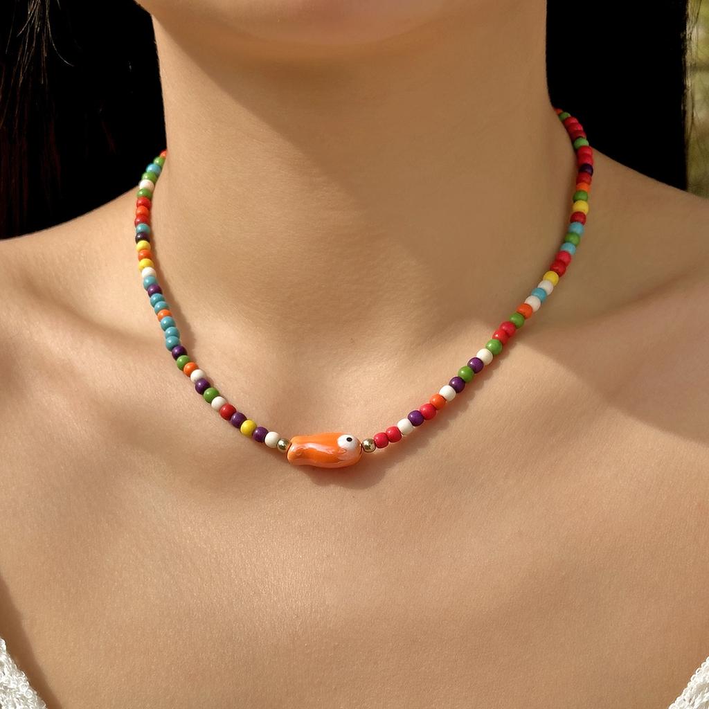 Bohemian Handmade Colorful Ceramic Fish Beaded Necklace for Women Unisex Rice Beads Choker Summer Beach Party Jewelry Gift
