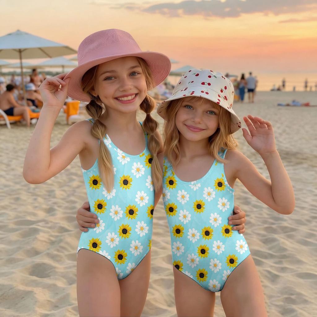 Girls Floral Print One Piece Swimsuit Summer Casual Kids Swimwear Lightweight Comfortable Fabric Suitable for Beach Pool Water Activities