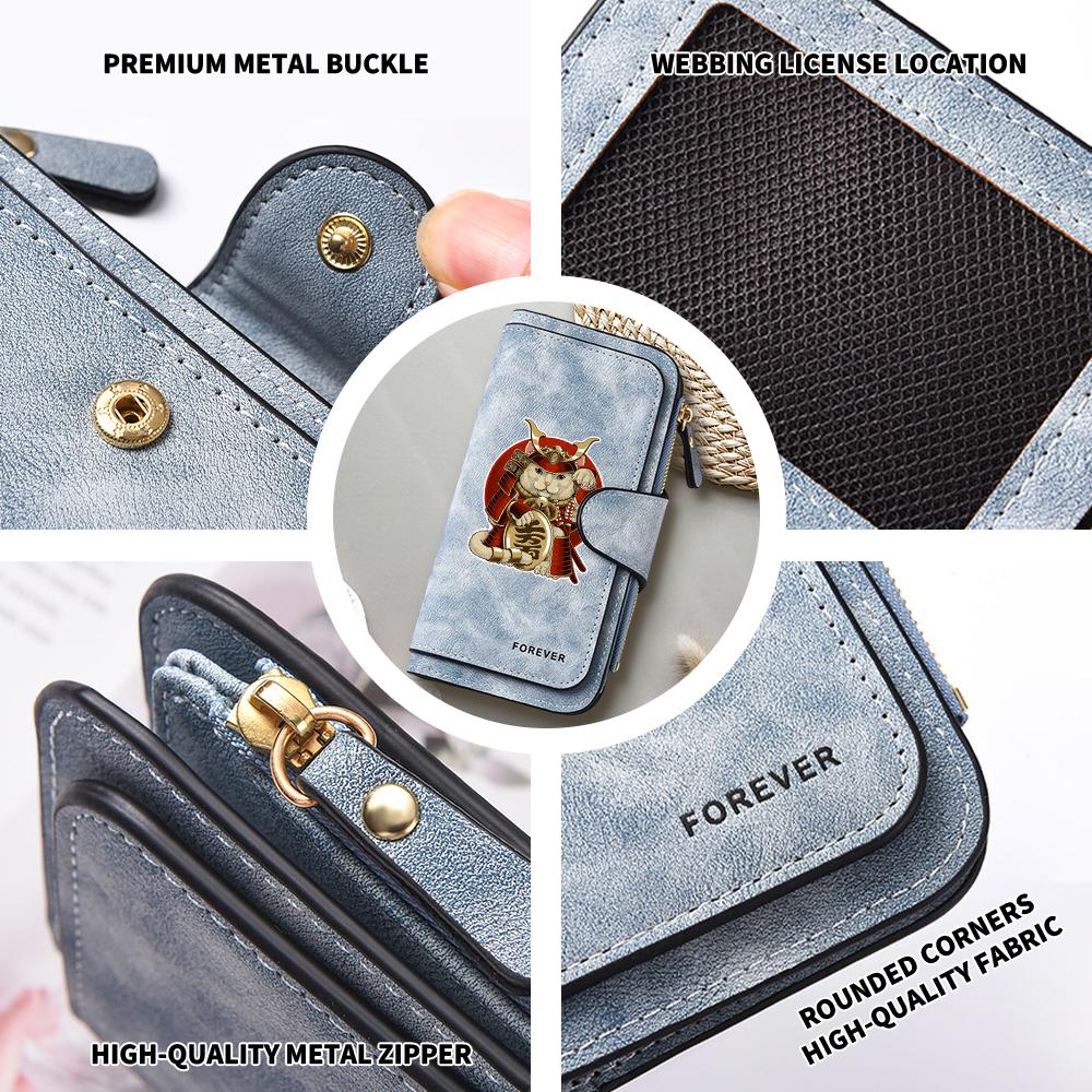 Cute Samurai Cat Pattern Long Wallet Portable Multi Card Slot Daily Purse Fashion PU Leather Zipper Casual Small Clutch for Women