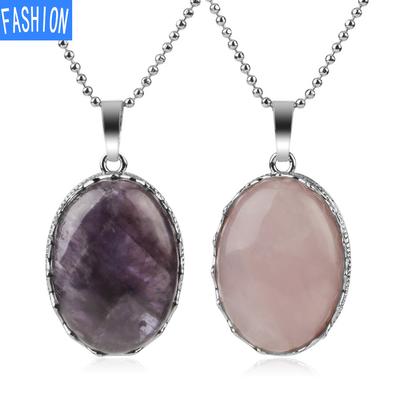 Colar com pingente de cristal natural elíptico de design simples de ametista semipreciosa