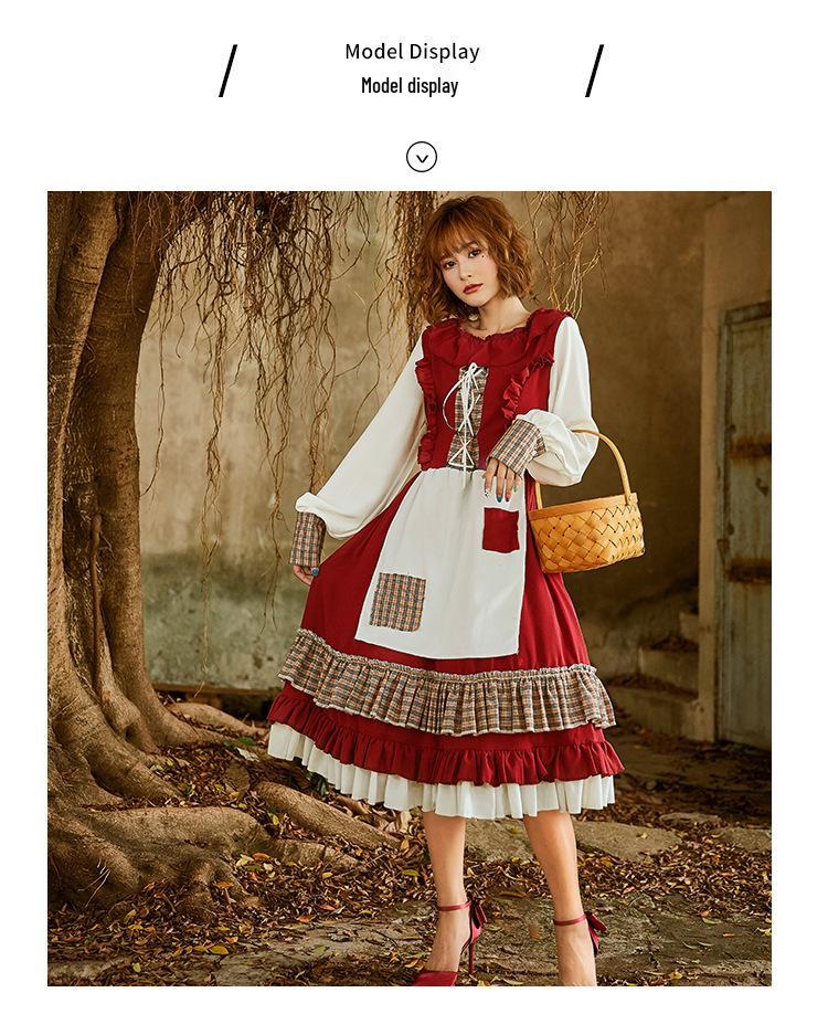 Lolita Nostalgisches Spitzen-Rotkäppchen Cosplay Kleid - Weinrot Halloween Kostüm