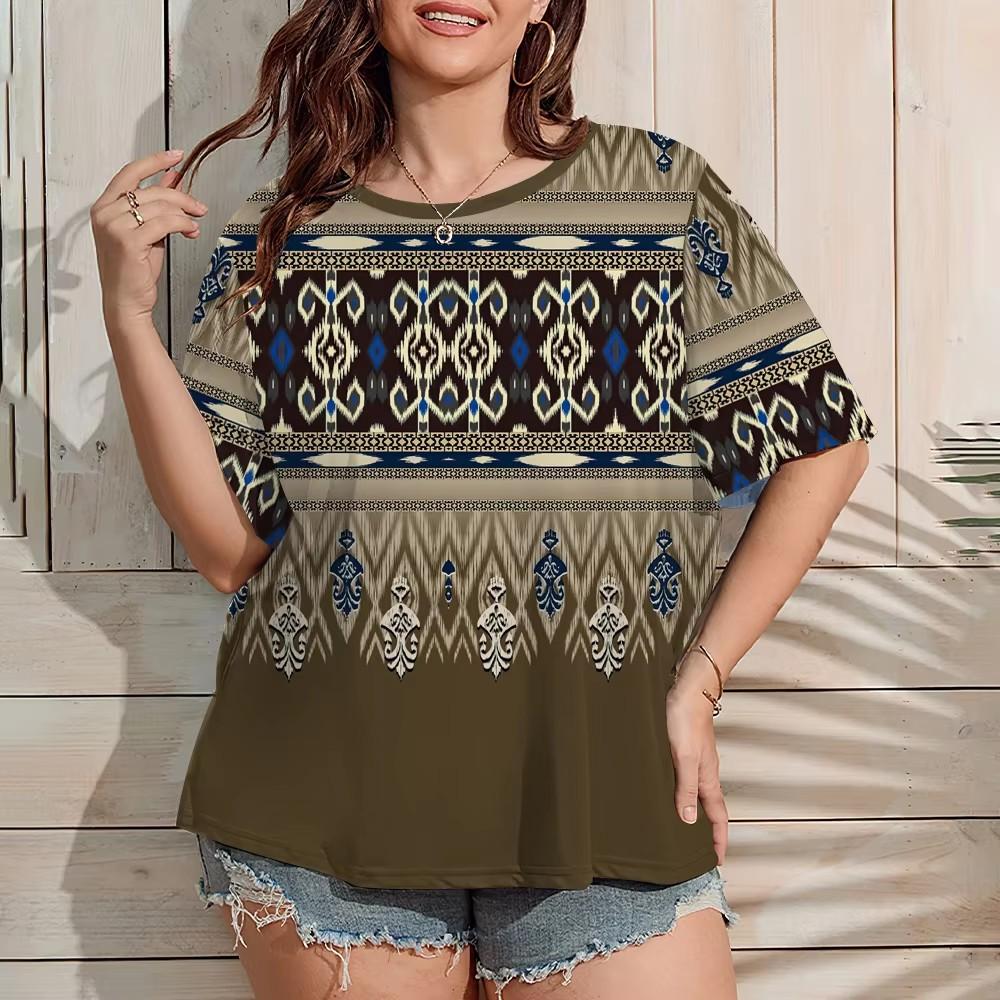 

Женская футболка больших размеров, винтажный этнический принт в полоску, летняя повседневная, с круглым вырезом, с коротким рукавом, модная, для улицы, одежда оверсайз XS