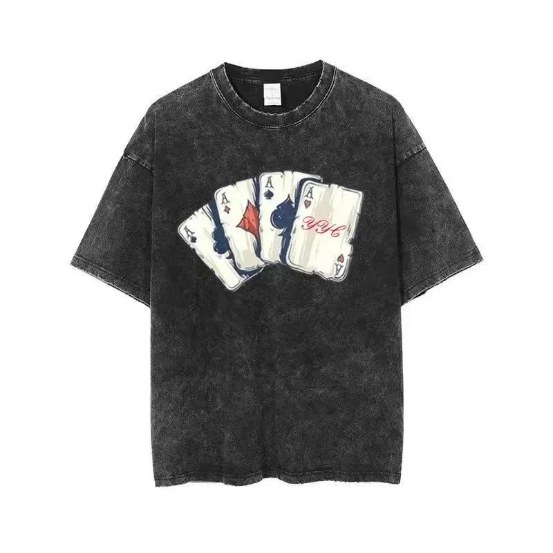 Retro Poker Ace Print Washed Black Tshirt Men Women Casual Oversized Tee Streetwear Gothic Short Sleeve Tops