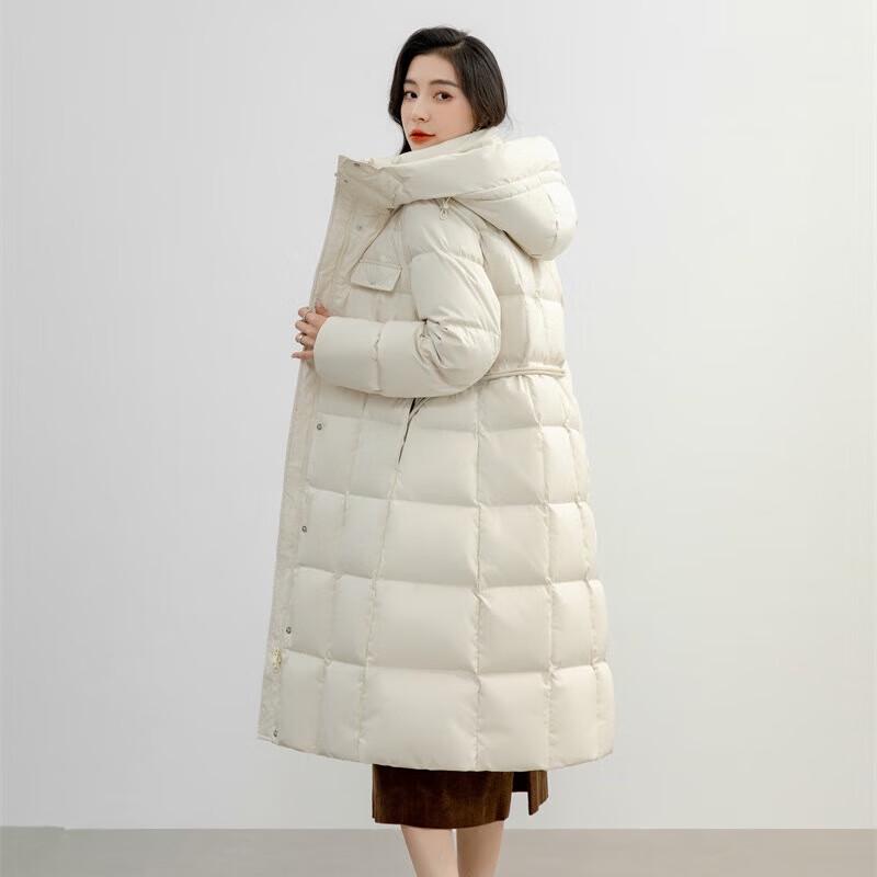 YAYA 2024 Women's Long Hooded Cinch-Waist Down Jacket