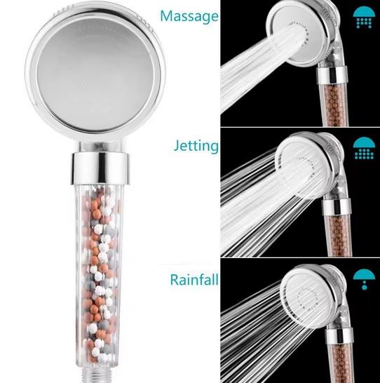Hot Sell 3 Settings Save Water Mineral Filter Stone Filtration Ionic ABS Plastic Chrome Finish Handheld Shower Head