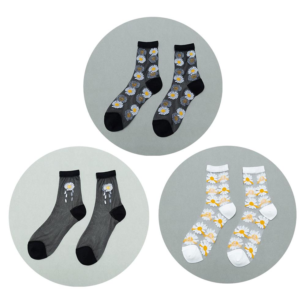 3 Pairs Of Women's Flower Socks Summer Crystal Glass Stockings Medium Short Tube Thin Transparent Daisy  Jacquard Elastic  Socks