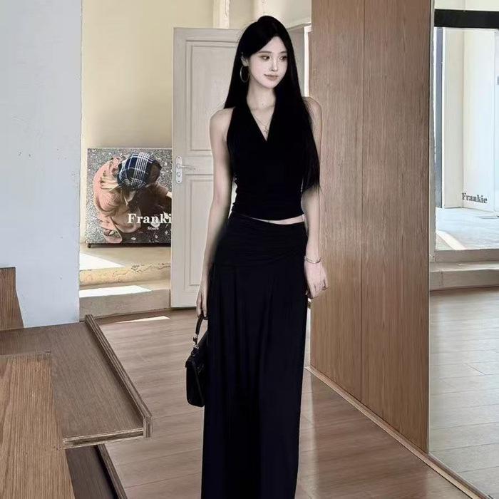 

2026 Korean Style Summer Pleated Tank & Wide-Hem Skirt Set - Casual Fashion Small чёрный