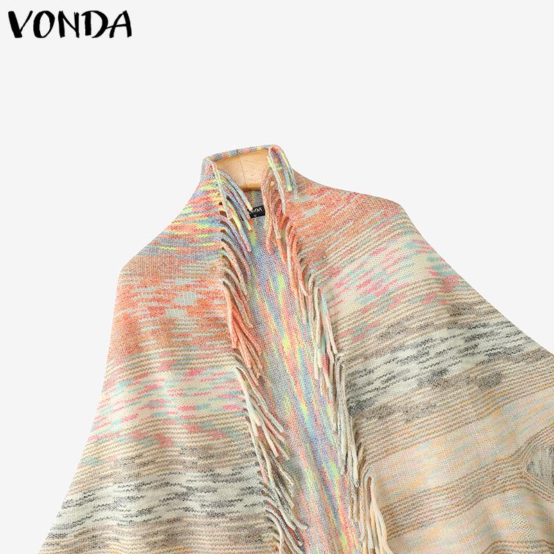 ZANZEA Women Batwing Long Sleeve Striped Open Front Tassel Hem Casual Knitted Sweaters Cardigans