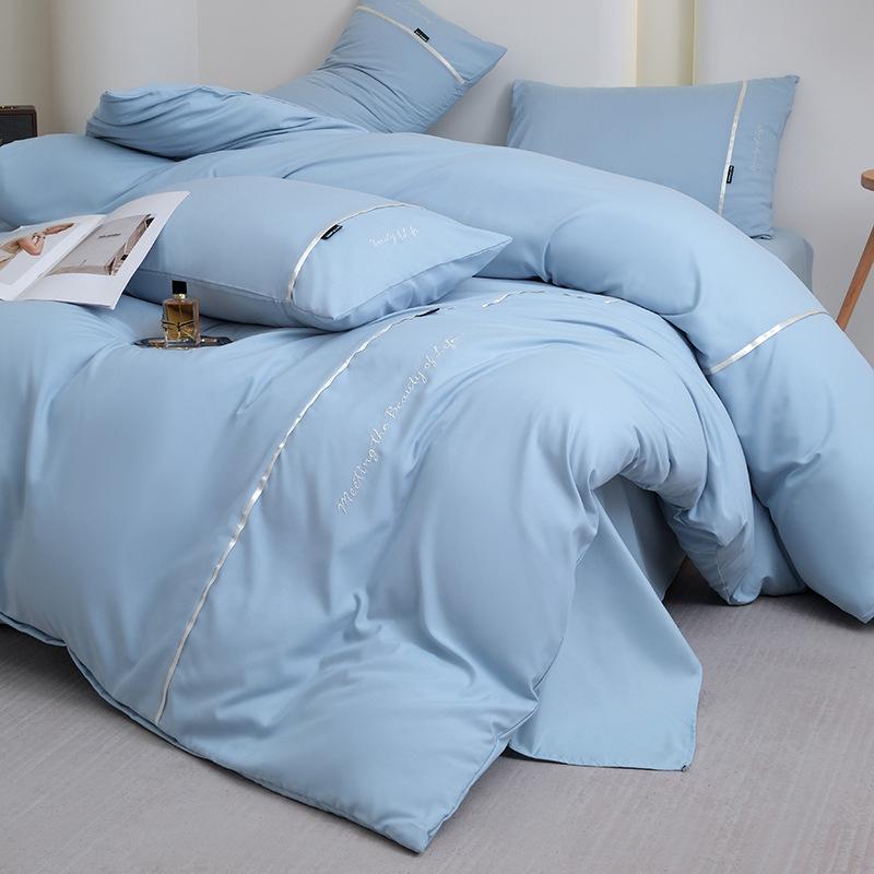 

2025 new solid color embroidered ribbon double-spell skin-friendly washed cotton 4-piece set bed sheet and fitted sheet style 1.2m sheet 3pcs небесно-голубой