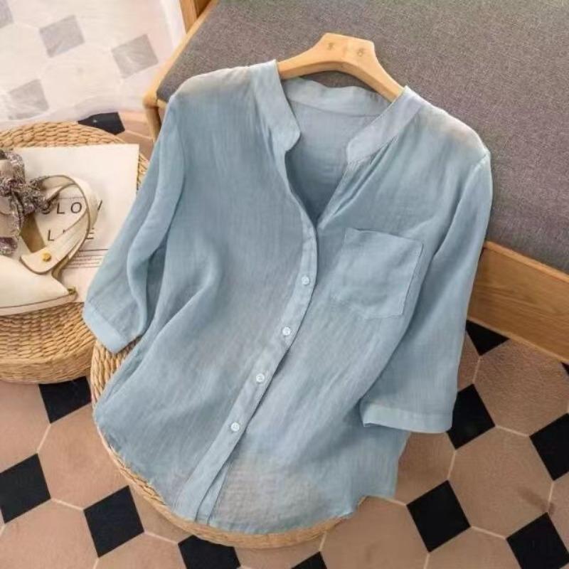 women stand collar linen blend shirt three quarter sleeve loose fit casual blouse