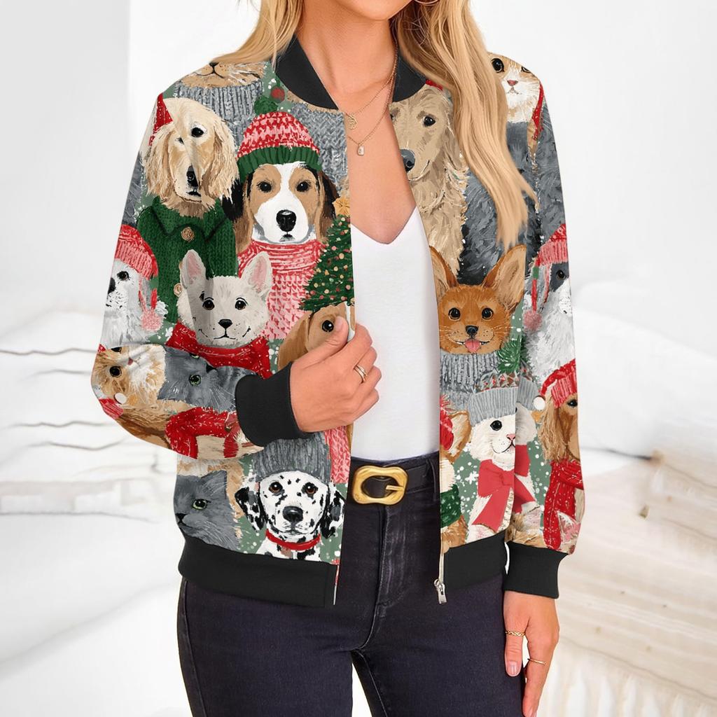 Women's Christmas Print Zip-Up Jacket with Long Sleeve Round Neck Casual Outerwear