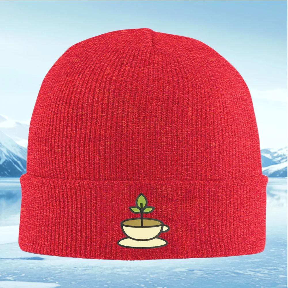 Tea Cup Plant Sprout Leaves Growing Unisex Women Unisex Knitted Hat Beanie Pullover Cap Winter Thermal Warm Christmas Outdoor Cycli