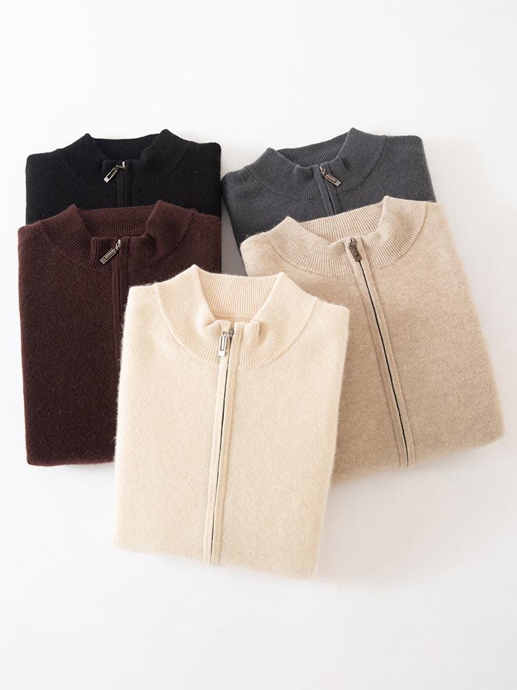 Men's Cashmere Zipper Knit Cardigan - Half-High Collar, Solid Color, Long Sleeve, Versatile Autumn/Winter Sweater.