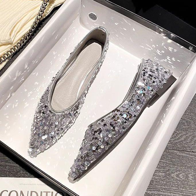 Sexy Socialite Sequined Pointed Head Shallow Mouth Single Shoes Women's Summer New Temperament One-pedal Flat Shoes