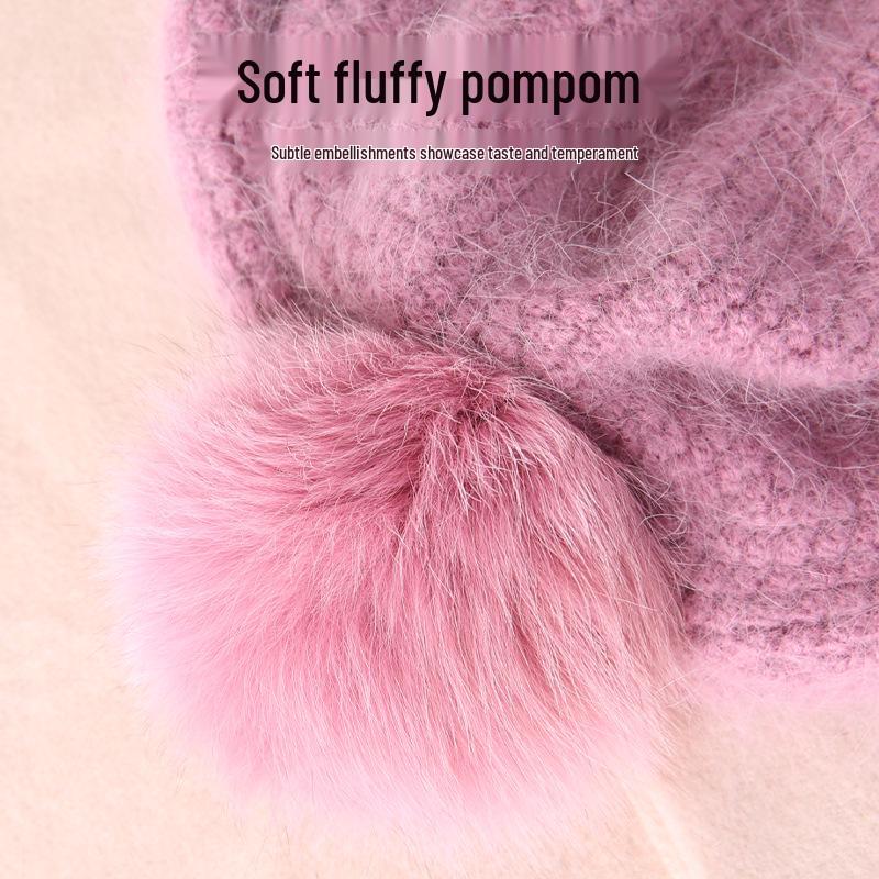 Women's Double-Layer Warm Rabbit Hair Knit Hat with Ear Protection - Japanese Style for Autumn & Winter