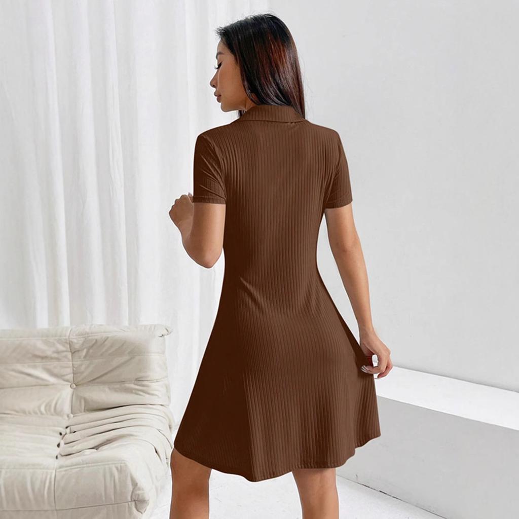 Women Summer Casual Short Sleeve Lapel Solid Color Above Knee One Piece Dress