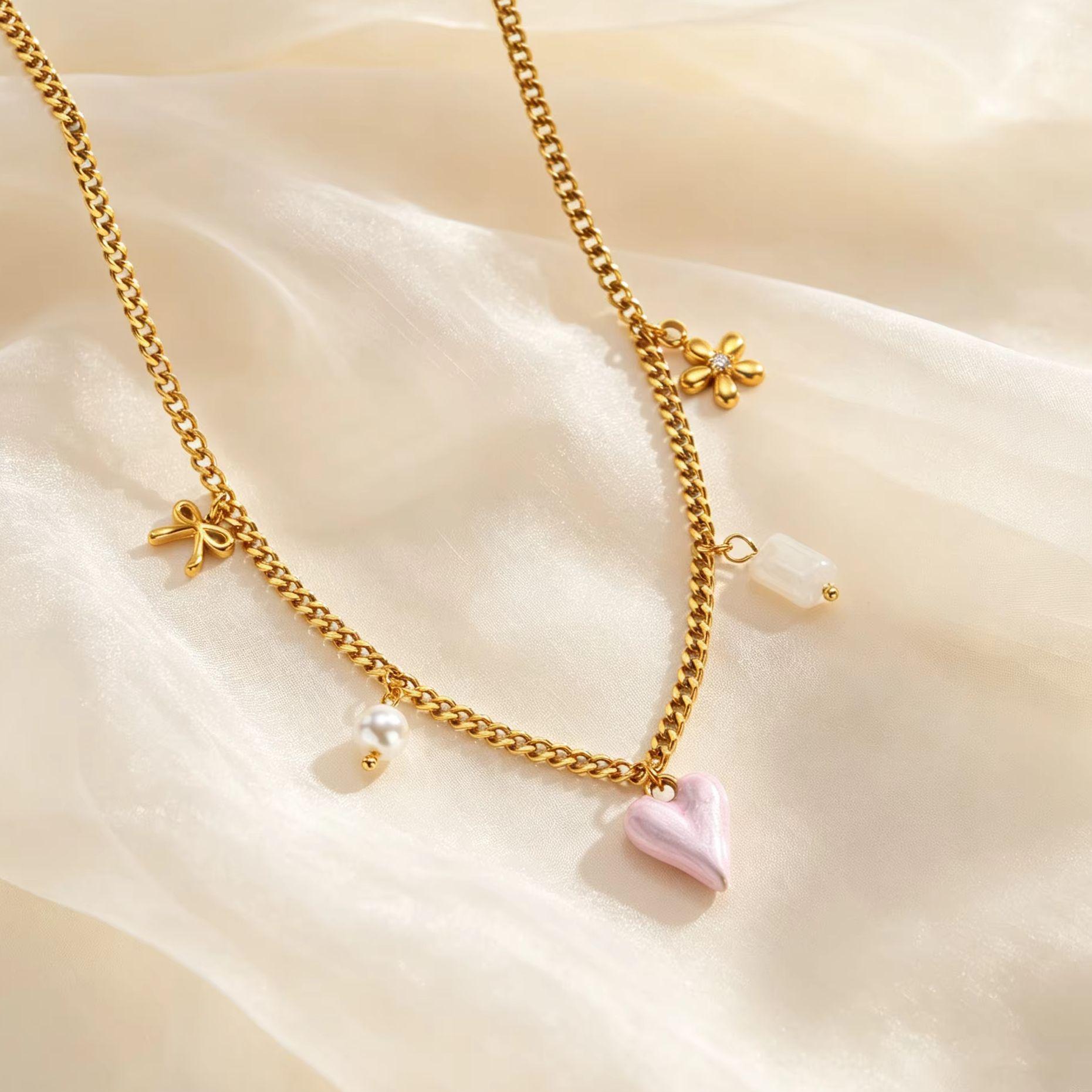 Exquisite Imitation Pearl Heart White Natural Stone Bowknot Flower Pendant Necklace for Women Stainless Steel Aesthetic Jewelry