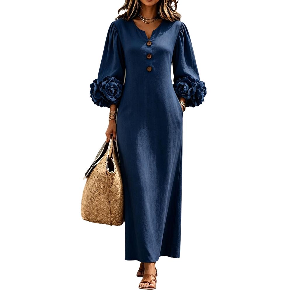 Women's Fashion V-Neck Vacation Dress with 3D Flower, Sleeves, Color