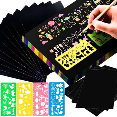 10pcs 32K Magic Rainbow Scratch Drawing Papers & 4pcs/set Multi Shape Stencil Ruler Set, DIY Doodle Art Craft Kit YMY
